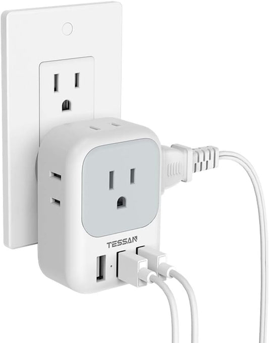 USB Charger Block with 4-Outlets and 3 USB Ports - Multi-Plug Wall Adapter for Travel, Office, and Dorm Use